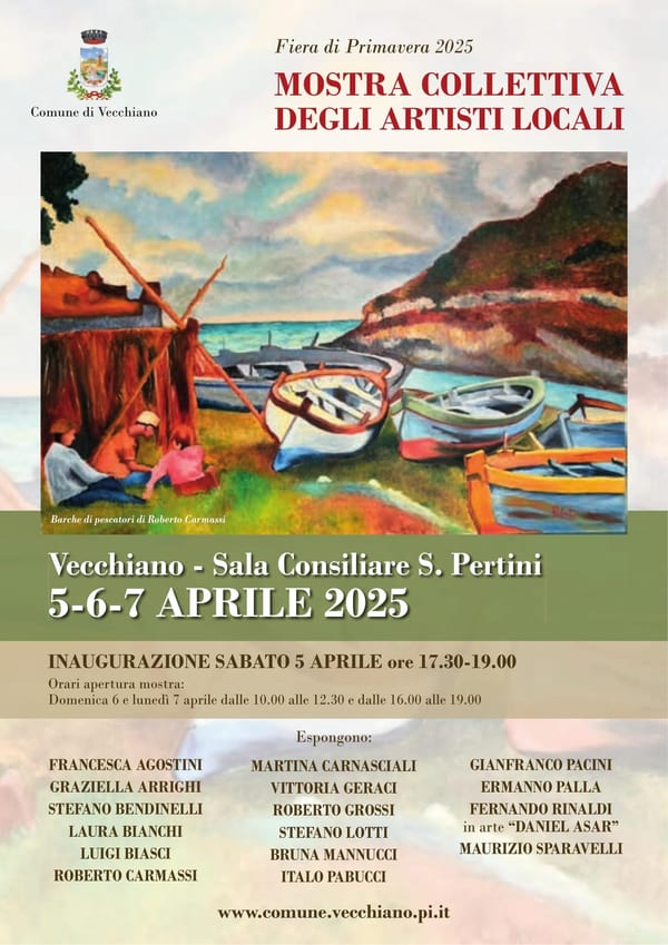 Locandina della mostra collettiva degli artisti locali, Vecchiano, aprile 2025: fra i nomi in cartellone c’è Bruna Mannucci