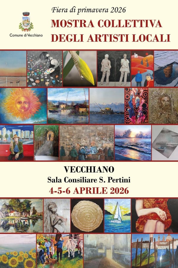 Cartolina della mostra collettiva degli artisti locali, Vecchiano, aprile 2026: un mosaico di opere degli artisti in mostra